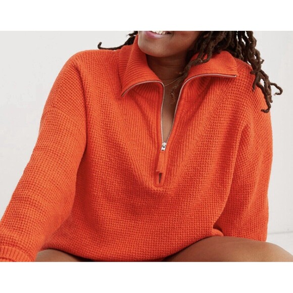 AERIE CozyUp Waffle Quarter Zip Collared Red Orange Sweater XS NWT DEFECT - Picture 1 of 10